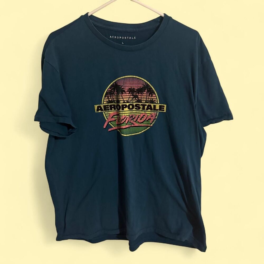 Aeropostale T-Shirt Mens L Teal Florida Tropical Graphic Tee